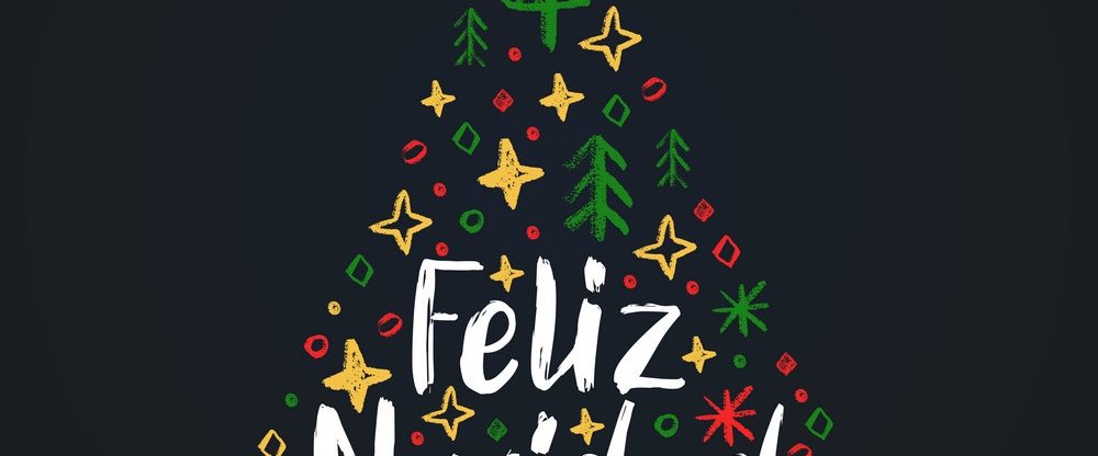 Feliz Navidad, handwritten phrase,translated from Spanish Merry Christmas.Vector spruce illustration on black background
