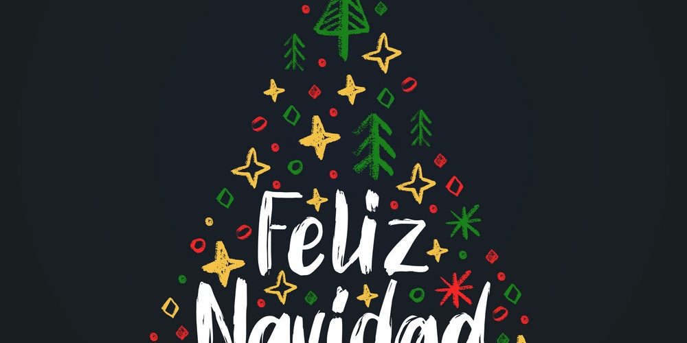 Feliz Navidad, handwritten phrase,translated from Spanish Merry Christmas.Vector spruce illustration on black background