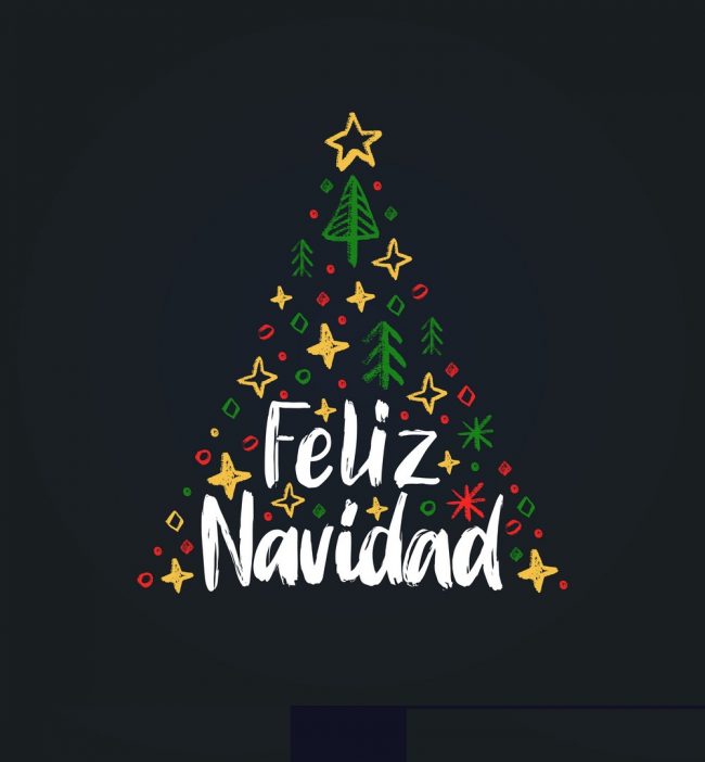 Feliz Navidad, handwritten phrase,translated from Spanish Merry Christmas.Vector spruce illustration on black background