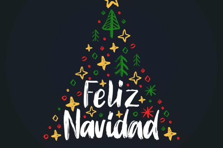 Feliz Navidad, handwritten phrase,translated from Spanish Merry Christmas.Vector spruce illustration on black background