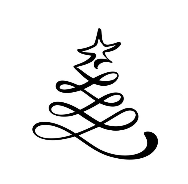 Vector stylized logo, scribbled Christmas tree with star on top. Xmas element of design for greeting card, banner, poster